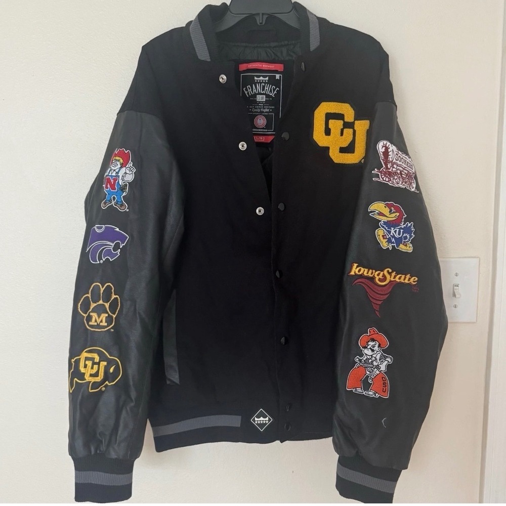 Franchise Club Big 8 Conference Varsity Jacket Mens Large Black Wool Leather L